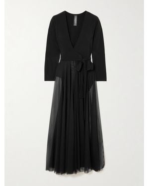 Norma Kamali Pleated Mesh-Trimmed Stretch-Jersey Midi Dress - Black