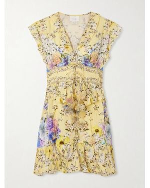CAMILLA Appliquéd Embellished Floral-Print Linen-Voile Mini Dress - Yellow
