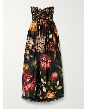 Agua Bendita Tonia Paramo Strapless Lace-Trimmed Embellished Floral-Print Cotton-Poplin Midi Dress - White