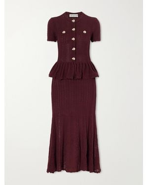 Self-Portrait Button-Embellished Peplum Cotton Midi Dress - Purple