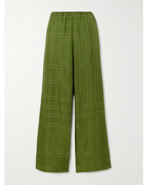 TOTEME Embroidered Silk-Twill Wide-Leg Pants - Green