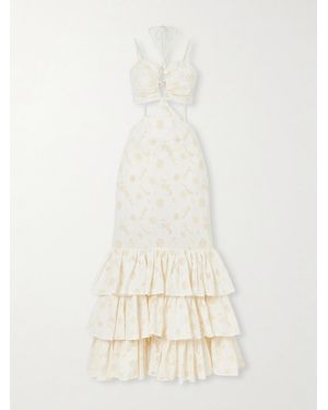 Christiano Marchelli Penelope Open-Back Cutout Ruffled Tiered Broderie Anglaise Cotton Maxi Dress - Natural