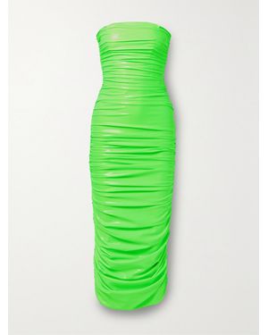 Sergio Hudson Strapless Ruched Neon Coated Stretch-Jersey Midi Dress - Green