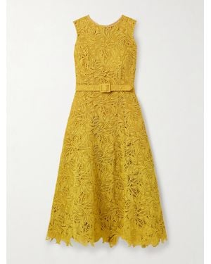 Oscar de la Renta Belted Guipure Lace Midi Dress - Yellow