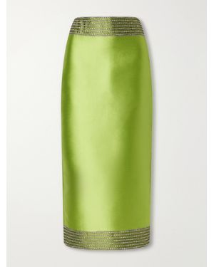 D'Estree Monica Embroidered Satin Midi Skirt - Green