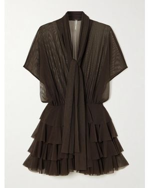 Norma Kamali Lauren Tie-Neck Ruffled Stretch-Mesh Mini Dress - Black