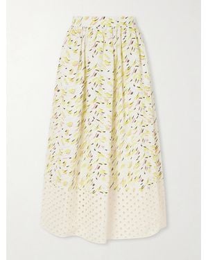 Marni Broderie Anglaise-Trimmed Printed Linen Midi Skirt - Natural