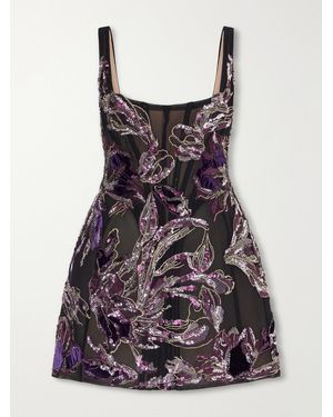 Costarellos Elitta Embellished Velvet-Trimmed Tulle Mini Dress - Black