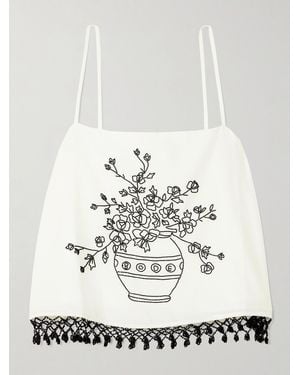 Bode Rosebloom Cropped Bead-Embellished Fringed Cotton And Silk-Blend Top - White