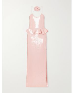 Rodarte Floral-Appliquéd Ruffled Sequined Mesh Halterneck Gown - Pink