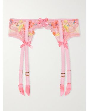 Agent Provocateur Rixie Bow-Detailed Lace-Trimmed Embroidered Tulle Suspender Belt - Pink