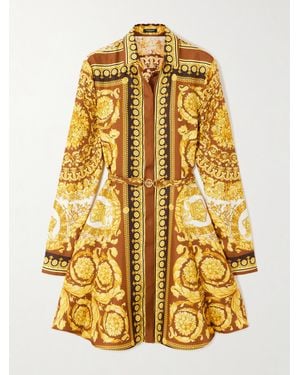Versace Minikleid Aus Bedrucktem Seiden-Twill Mit Gürtel - Mettallic