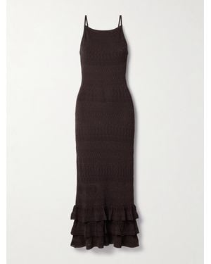 STAUD Bliss Ruffled Pointelle-Knit Maxi Dress - Brown