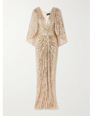 Jenny Packham Carrie Cape-Effect Draped Sequined Chiffon Gown - Natural