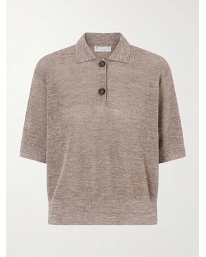 Brunello Cucinelli Metallic-Knit Polo Shirt - Natural