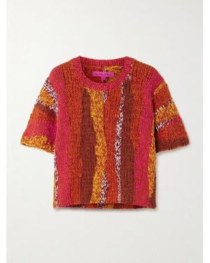 The Elder Statesman Striped Organic Cotton-Bouclé T-Shirt - Red