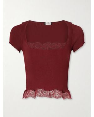 Saint Laurent Cropped Leavers Lace-Trimmed Ribbed Silk-Jersey Top - Red