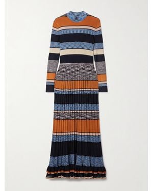 Ulla Johnson Evangeline Striped Pleated Metallic-Knit Turtleneck Maxi Dress - Blue