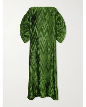 Dima Ayad Metallic Plissé-Satin Gown - Green