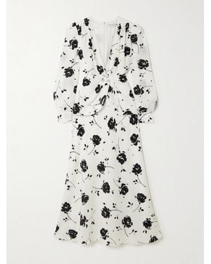 Alessandra Rich Midikleid Aus Crêpe De Chine Aus Seide Mit Blumenprint, Verzierungen Und Falten - Weiß