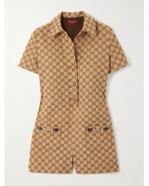 Gucci Playsuit Aus Canvas Mit Jacquard-Muster, Lederbesätzen Und Verzierungen - Natur