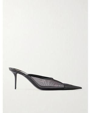 Saint Laurent Renée Cassandre-Embroidered Patent Leather-Trimmed Mesh Mules - White
