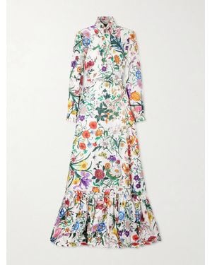 Gucci Belted Tie-Detailed Pleated Floral-Print Silk-Twill Maxi Dress - White