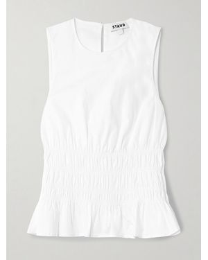 STAUD Culver Shirred Cotton-Blend Poplin Peplum Top - White