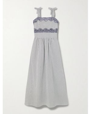 Loretta Caponi Sabine Corded Lace-Trimmed Gathered Striped Cotton-Blend Poplin Maxi Dress - Grey