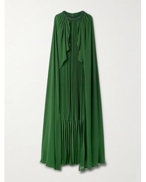 Self-Portrait Cape-Effect Crystal-Embellished Plissé-Chiffon Gown - Green