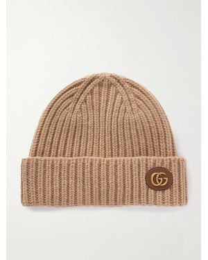 Gucci Victor Appliquéd Ribbed Wool And Cashmere-Blend Beanie - Natural