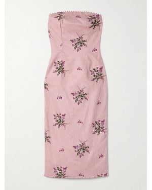 Agua Bendita Armonía Wisteria Strapless Bead-Embellished Embroidered Linen Midi Dress - Pink