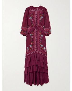 Saloni Isa Long-C Ruffled Floral-Print Silk Crepe De Chine Gown - Purple