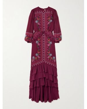 Saloni Isa Long-C Ruffled Floral-Print Silk Crepe De Chine Gown - Purple