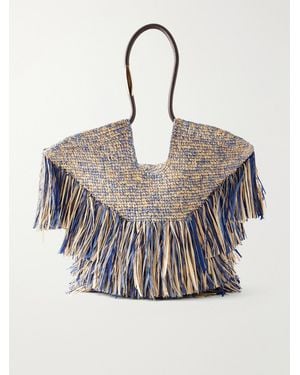 Zimmermann Goldentime Fringed Leather And Fabric-Trimmed Raffia Medium Tote - Blue