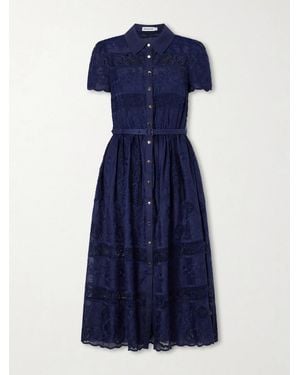 Self-Portrait Belted Embroidered Lace-Trimmed Ramie Midi Dress - Blue