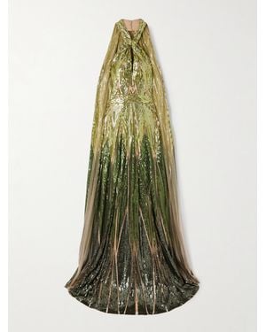 Elie Saab Cape-Effect Embroidered Sequined Tulle Halterneck Gown - Green