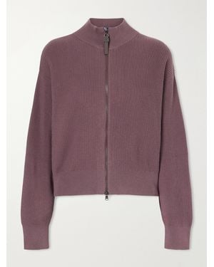 Brunello Cucinelli Ribbed Cotton Zip-Up Turtleneck Cardigan - Purple