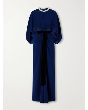 Jonathan Simkhai Annette Cape-Effect Bead-Embellished Gathered Velvet-Trimmed Crepe Gown - Blue