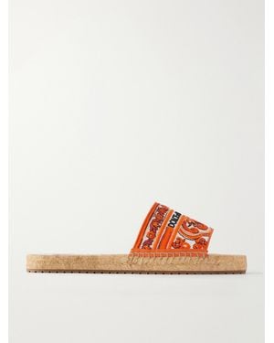 Dolce & Gabbana Embroidered Leather-Trimmed Espadrille Sandals - Orange
