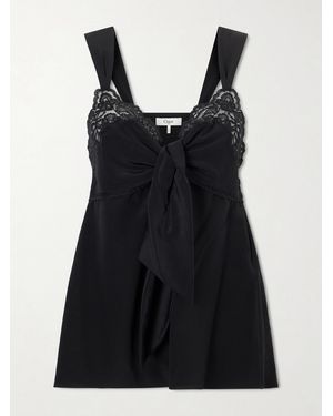 Chloé Knotted Lace-Trimmed Silk Crepe De Chine Tank - Black