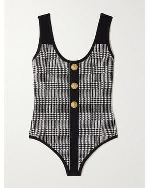 Balmain Embellished Prince Of Wales Checked Stretch-Knit Bodysuit - Gray