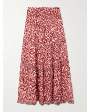 Loretta Caponi Ninfa Midirock Aus Lyocell Mit Blumenprint, Raffungen Und Spitzenbesätzen - Rot