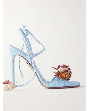 Aquazzura Marea 105 Leather-Trimmed Embellished Raffia Sandals - Blue