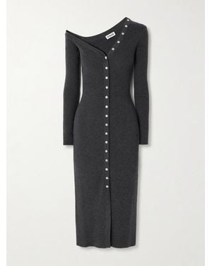 STAUD Craftsman Off-The-Shoulder Ribbed Cotton And Wool-Blend Midi Dress - Black