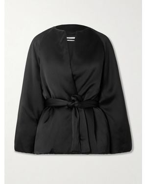 Another Tomorrow Belted Padded Satin Jacket - Black
