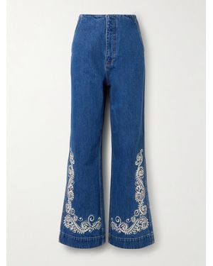 ALÉMAIS Jean Évasé Taille Mi-Haute À Broderies Jacones - Bleu