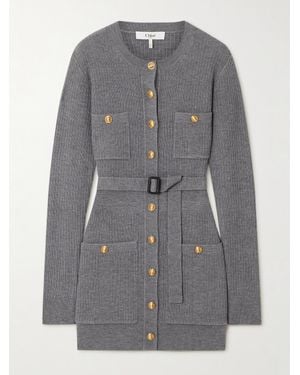 Chloé Belted Ribbed Wool-Blend Mini Dress - Grey