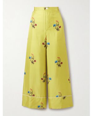 Marni Floral-Print Silk-Twill Wide-Leg Trousers - Yellow