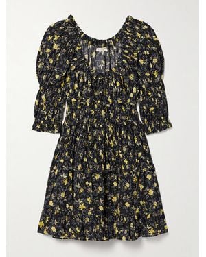 Doen Ismene Shirred Floral-Print Organic Cotton-Blend Voile Mini Dress - Black
